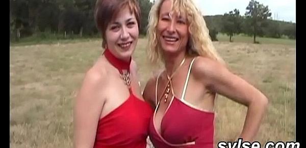  Lesbian teen trying strapon outdoor with mom